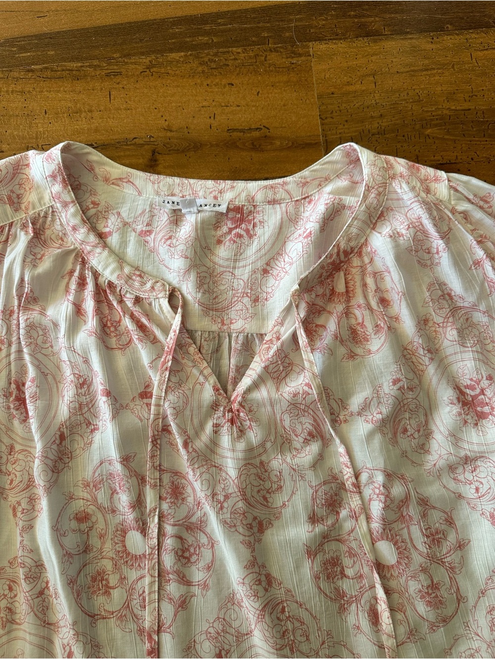 Jane and Delancey White Blouse with Pink Medallion Print